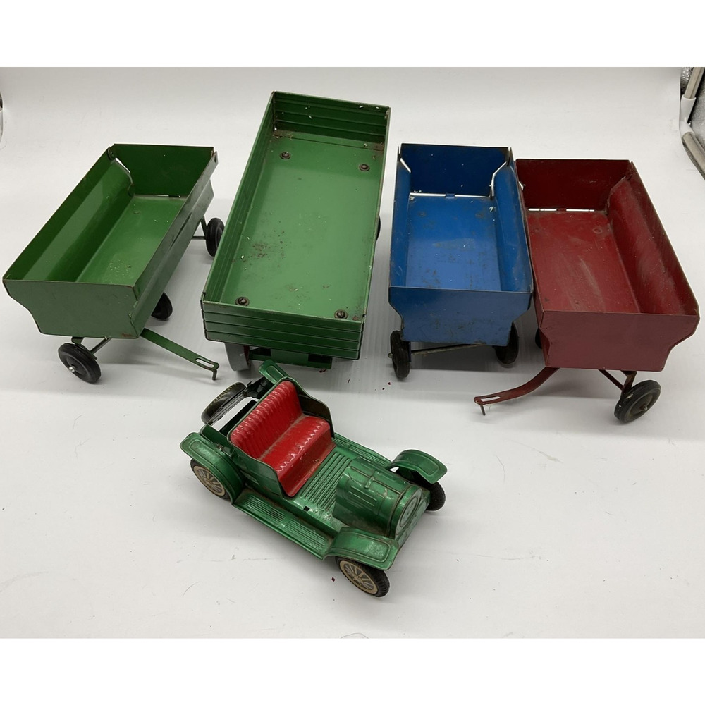 Vintage Tin Toy Trailer Lot 4 Farm Wagons Car Body Metal Multi Color Need Repair